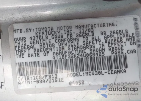 2004 Toyota Camry Le V6 z USA, uszkodzony, nr VIN 4T1BF32K24U066485